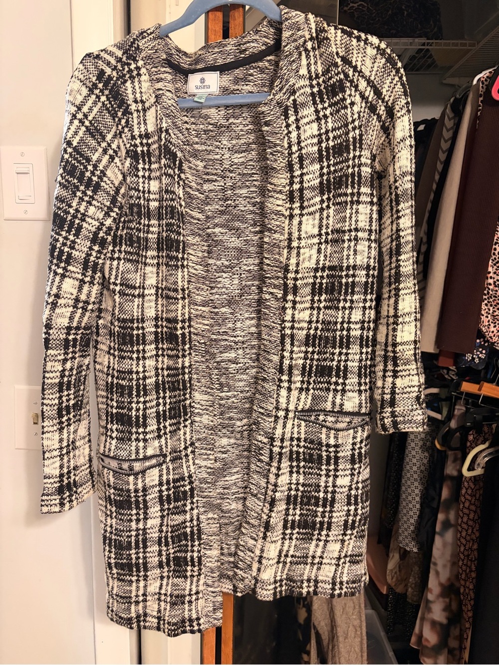 Susina Black and White Plaid Open-Front Cardigan